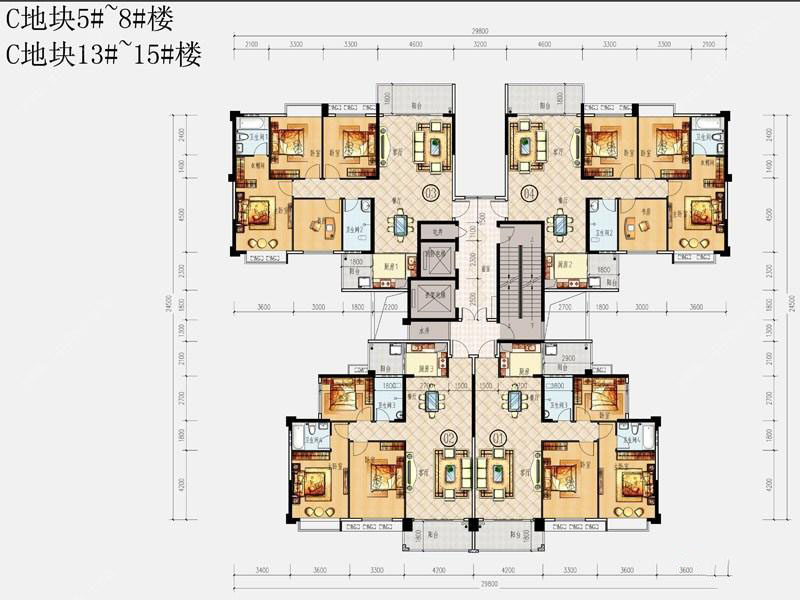 锦绣丽园c地块5#-8#,13#-15#a户型 2厅2卫1厨2阳台 123.72㎡-143.